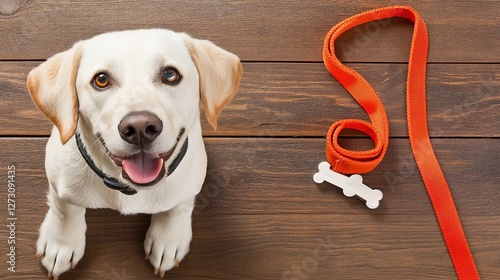 Happy Labrador awaits walk, leash & bone on wood photo