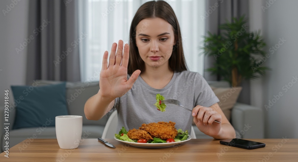 Young woman sitting at a table, turning down a salad while savoring fried chicken Young woman sitting at a table, turning down a salad while savoring fried chicken