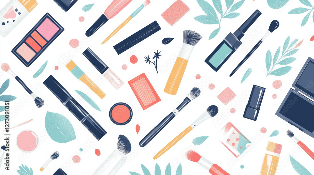 A vector illustration showcasing a variety of makeup products and cosmetics arranged on a white background A vector illustration showcasing a variety of makeup products and cosmetics arranged on a white background