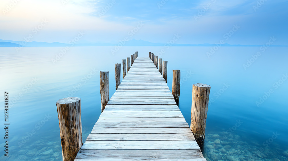 Serene wooden pier extending over tranquil blue water. Serene wooden pier extending over tranquil blue water.