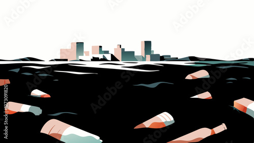 City buildings emerge from polluted waters filled with plastic debris. Minimalist graphic style shows urban decay. Climate change impact concept, flood management.