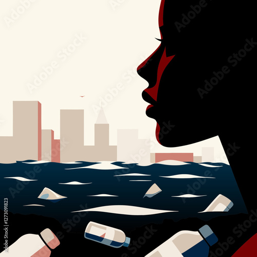 Woman's silhouette looks out over polluted urban waterfront. Mid-century modern style captures environmental concern. Urban planning concept, environmental awareness.