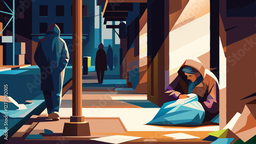 Homeless person wrapped in blue hunches in urban alley. Solitary figure conveys isolation amid city shadows. Concept: social services, homeless outreach, urban poverty