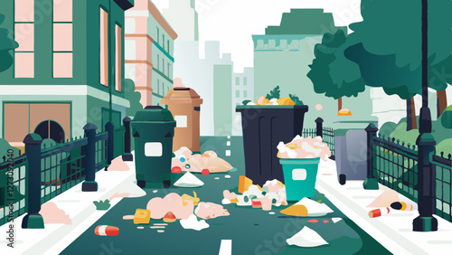 Overflowing trash cans line urban street with scattered litter. Buildings and trees create depth in muted tones. Concept: waste management, city services, environmental awareness