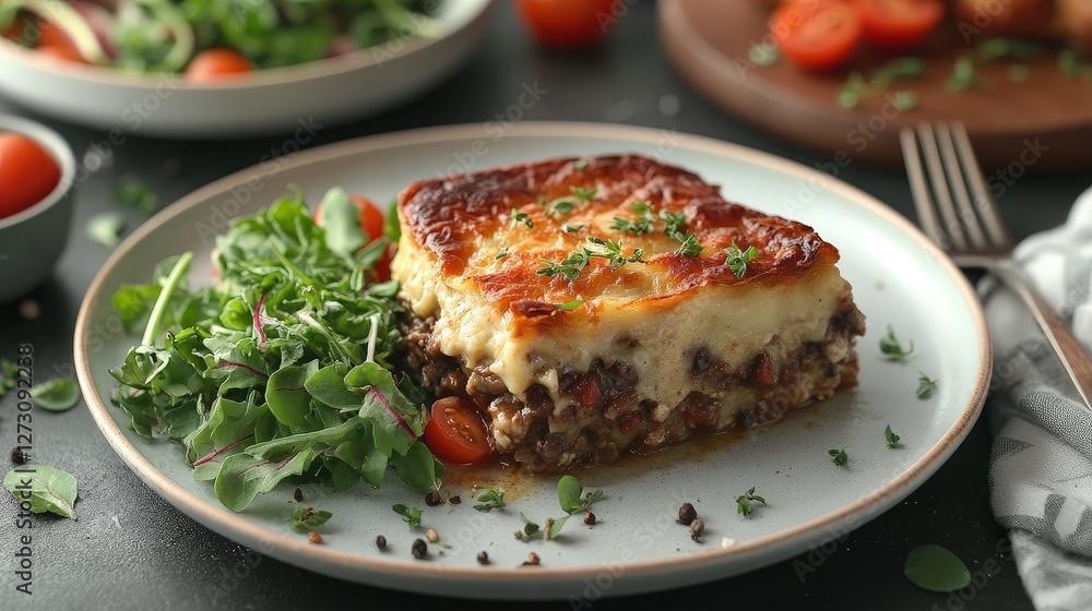 A delicious serving of lasagna with a fresh salad and cherry tomatoes on a stylish plate. A delicious serving of lasagna with a fresh salad and cherry tomatoes on a stylish plate.