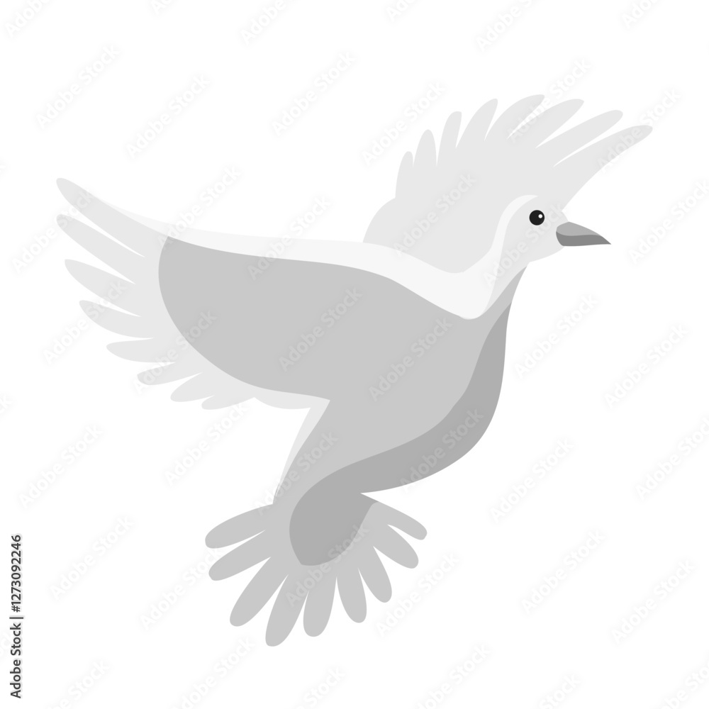 Flying dove. White grey pigeon with spread wings. Elegant and simple bird for nature, wildlife, and freedom-themed graphics. Cartoon minimalistic vector illustration. Flying dove. White grey pigeon with spread wings. Elegant and simple bird for nature, wildlife, and freedom-themed graphics. Cartoon minimalistic vector illustration.