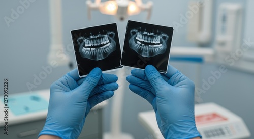 Wallpaper Mural A dental professional holds two X-ray films while assessing a patient's dental health in a clinic Torontodigital.ca