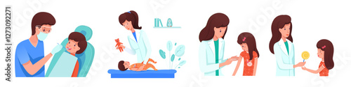 Children health at clinic set. Doctor makes vaccination girl, gives lollipop as reward. Pediatrician measures temperature baby, shows toy. Dentist checkup teeth boy. Cartoon vector illustration.