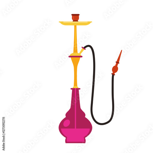 Colorful hookah with pink and gold design, black hose, red mouthpiece. Traditional shisha pipe for smoking, lounge, relaxation, and Middle Eastern culture themes. Flat vector illustration.