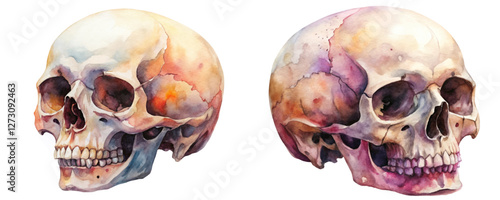 Watercolor skull illustration, anatomical details, vibrant colors, artistic rendering, medical education, decorative art.