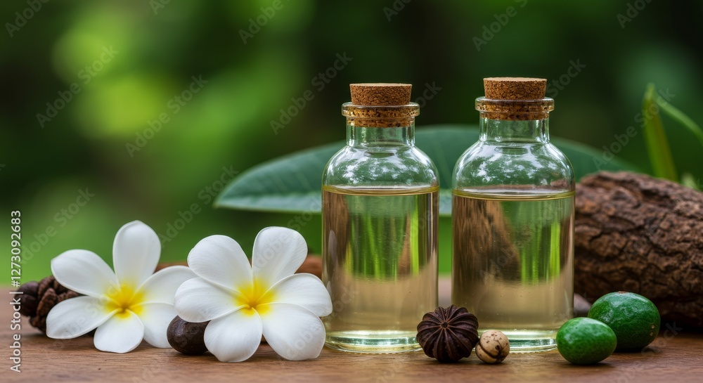 Aromatic Essential Oils Bottles with Plumeria Flowers Aromatic Essential Oils Bottles with Plumeria Flowers