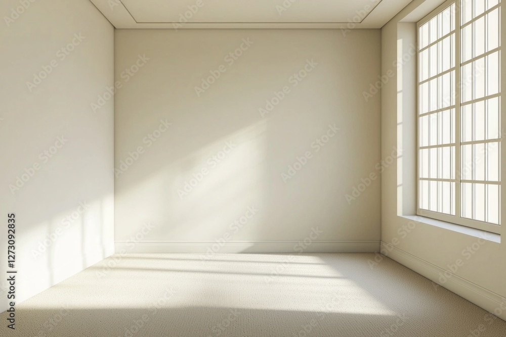 Modern minimalist style, an empty room with a window on the right side of the wall, a beige floor, white walls and ceiling Modern minimalist style, an empty room with a window on the right side of the wall, a beige floor, white walls and ceiling