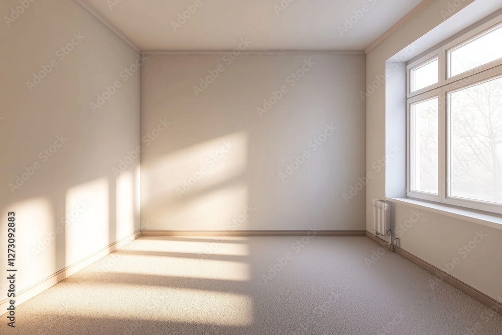 Fototapeta premium Modern minimalist style, an empty room with a window on the right side of the wall, a beige floor, white walls and ceiling