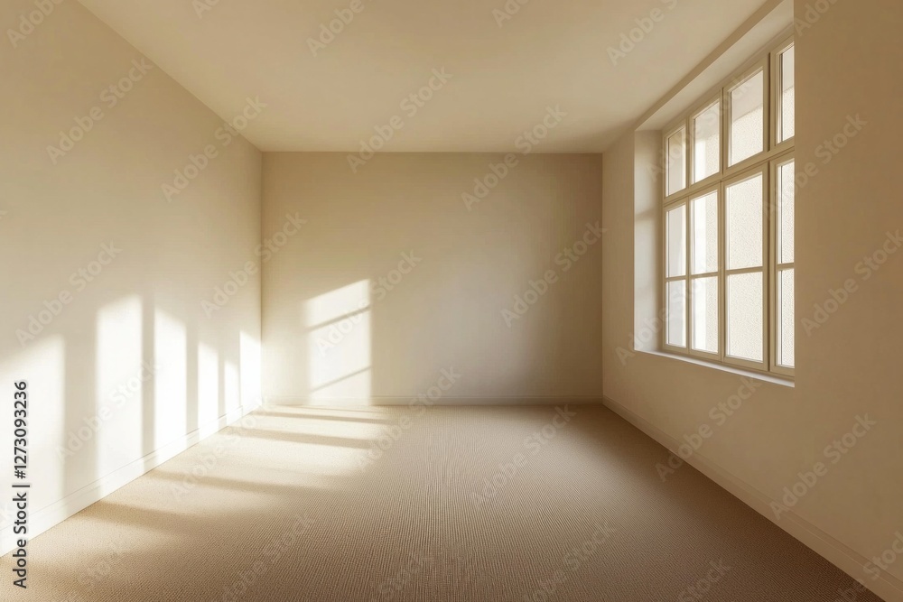 Fototapeta premium Modern minimalist style, an empty room with a window on the right side of the wall, a beige floor, white walls and ceiling