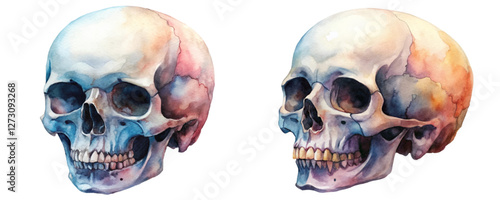 Watercolor skull illustration, anatomical study, artistic rendering, medical art, educational purpose, vibrant colors, detailed features.