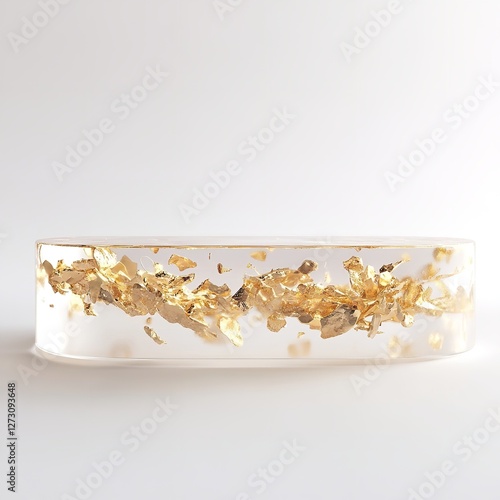 Wallpaper Mural  Resin and Gold Leaf Display Platform: A Clear Resin Block Embedded with Gold Leaf Flakes, Isolated on a White Background. Ideal for Product Photography, Luxury Brand Mockups, or Artistic Display. Torontodigital.ca