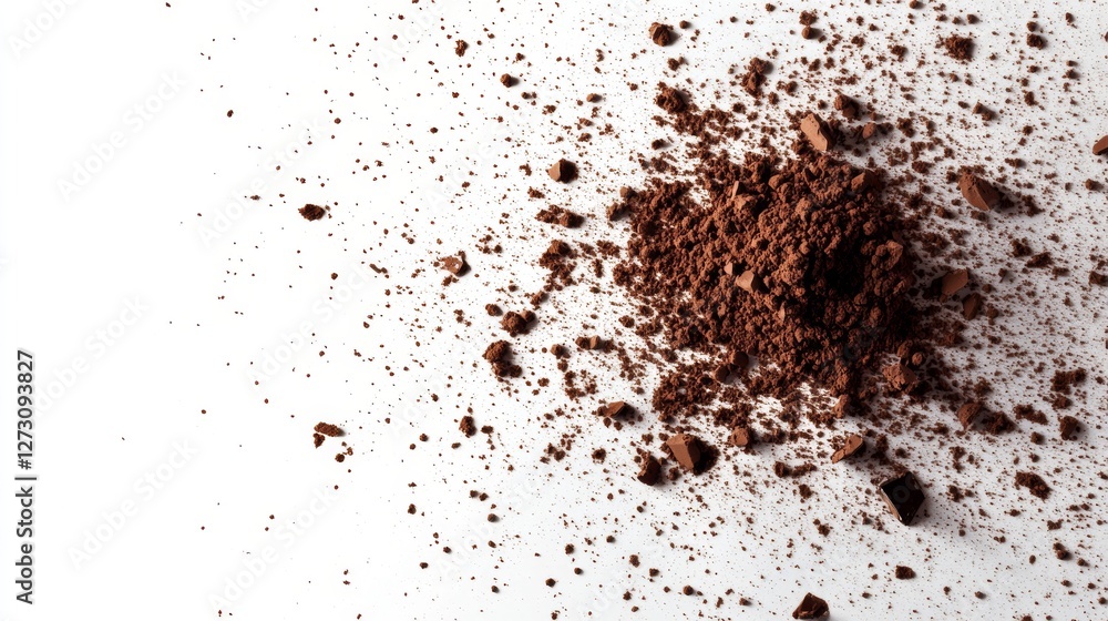 scattered cocoa powder arrangement, fine brown particles, circular splash patterns, pristine white background, high contrast food photography, overhead angle, macro details scattered cocoa powder arrangement, fine brown particles, circular splash patterns, pristine white background, high contrast food photography, overhead angle, macro details