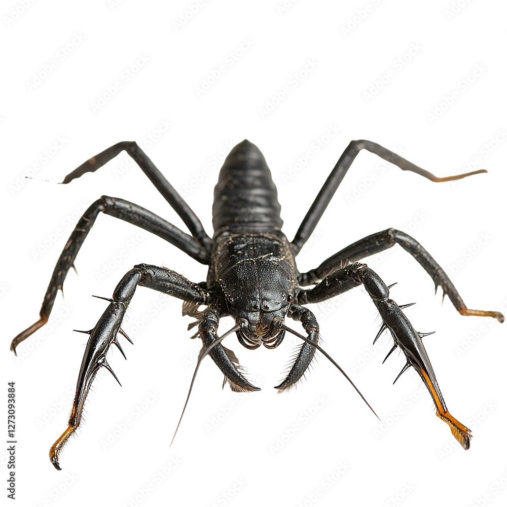 Angled view full-body shot of an extremely perfect-looking single Tailless Whip Scorpion isolated on a white transparent background Angled view full-body shot of an extremely perfect-looking single Tailless Whip Scorpion isolated on a white transparent background
