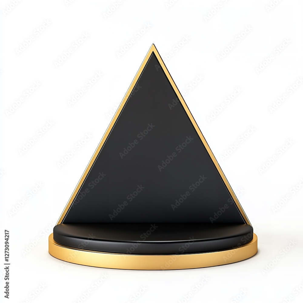 Fototapeta premium Modern Pyramid Display Stand: A Sleek, Black Pyramid with Gold Trim Resting on a Multi-Tiered Octagonal Base, Isolated on a White Background. Ideal for Product Photography, Mockups, Awards, or Design