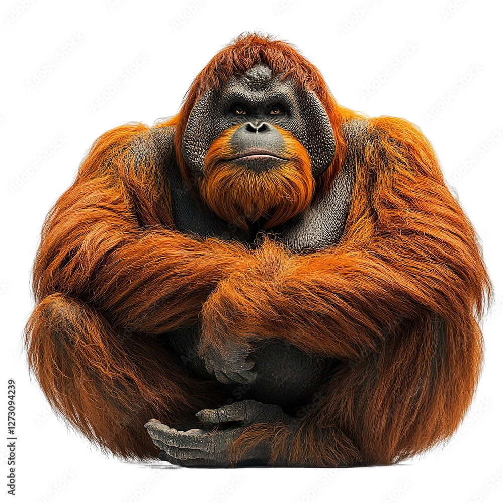 Fototapeta premium Angled view full-body shot of an extremely perfect-looking single Tapanuli Orangutan isolated on a white transparent background