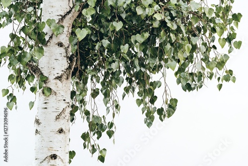 A realistic freestanding birch tree with hangin