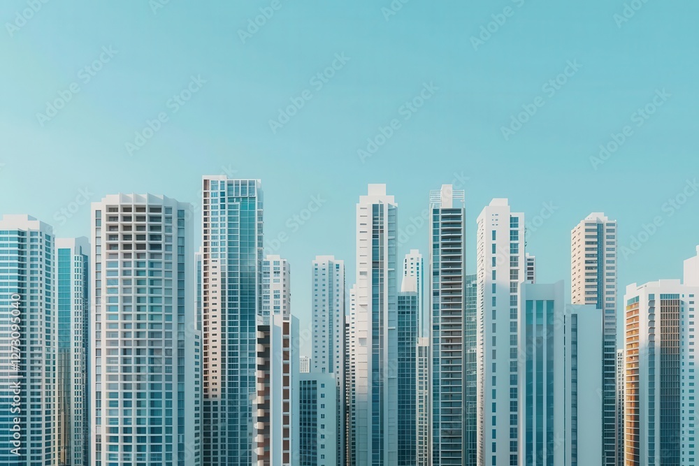 A skyline filled with modern skyscrapers against a bright blue sky, showcasing urban architecture and city life. A skyline filled with modern skyscrapers against a bright blue sky, showcasing urban architecture and city life.
