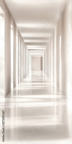 Minimalist white corridor with soft light and shadow patterns creating a calming, futuristic atmosphere