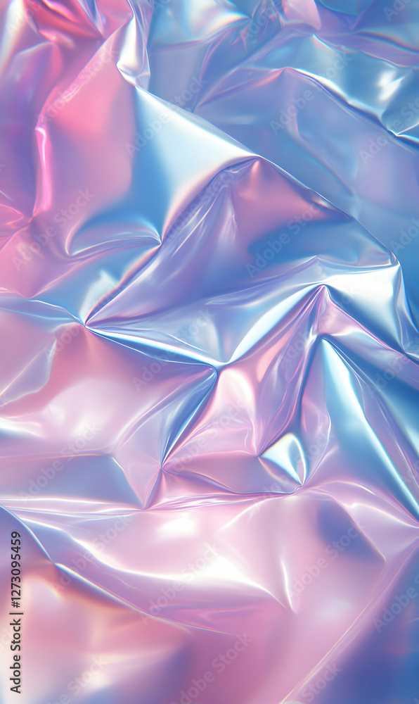 Iridescent waves of folded material shimmering with pastel pink and cerulean hues background Iridescent waves of folded material shimmering with pastel pink and cerulean hues background