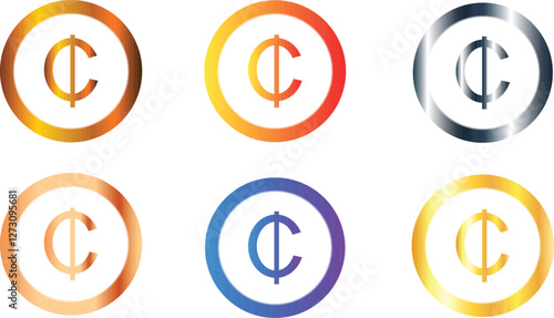 Set of six Ghana currency sign icons logos with golden orange silver and blue colors, Ghanaian cedi