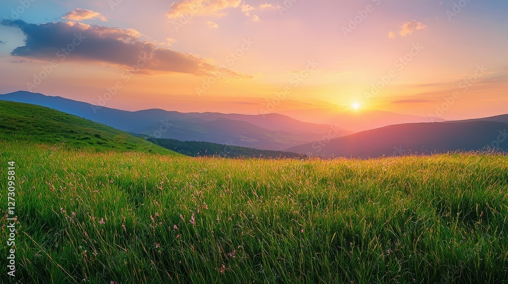 Landscape of green field and meadow in a hill countryside with mountains and beautiful sunset Landscape of green field and meadow in a hill countryside with mountains and beautiful sunset