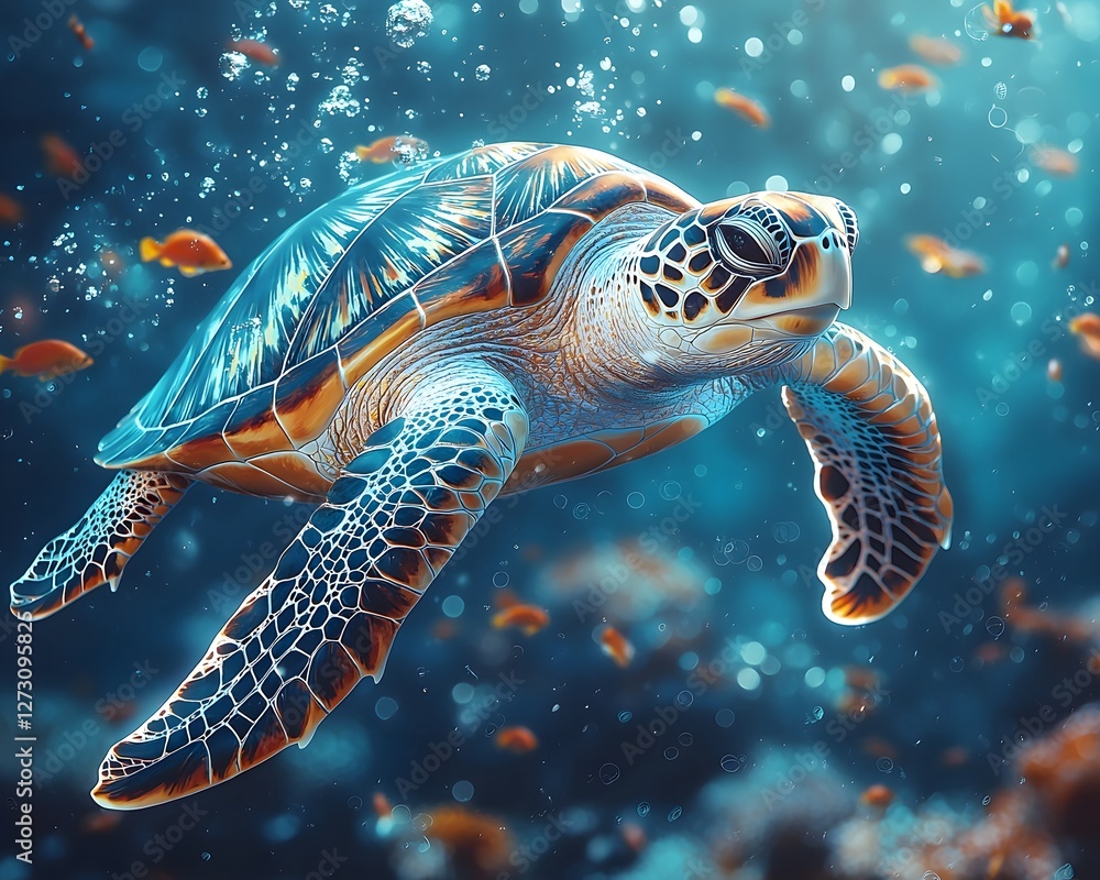 Fototapeta premium Majestic Sea Turtle Swimming Over Colorful Coral Reef Teeming with Marine Life