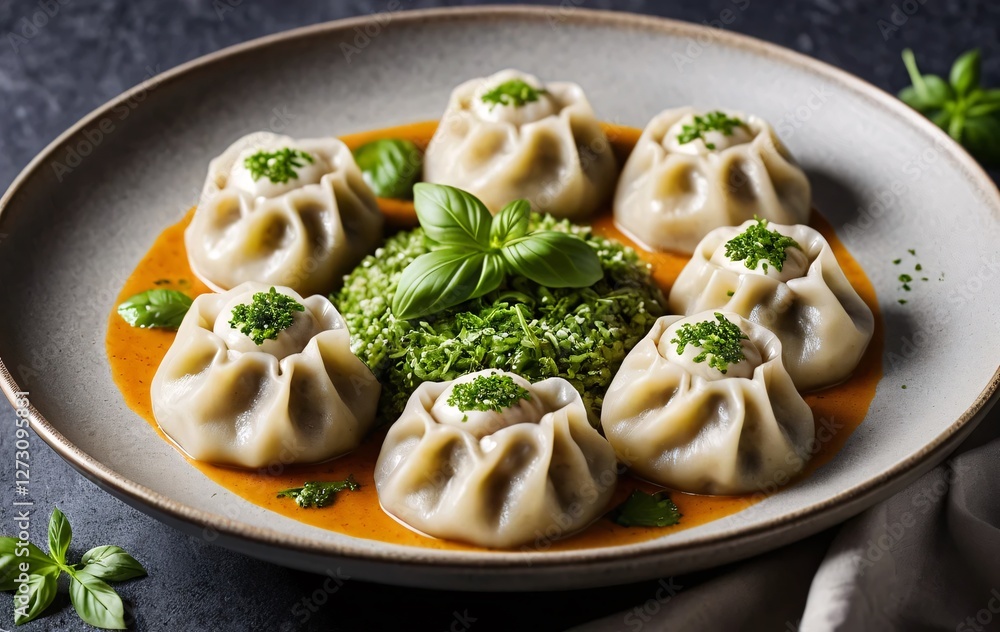 Delicious Dumplings. Beautiful presentation. Orange sauce, green herbs and pleated dough create a visually appealing dish. Fresh aromatic herbs scattered. A culinary delight. Ready to eat. A feast for Delicious Dumplings. Beautiful presentation. Orange sauce, green herbs and pleated dough create a visually appealing dish. Fresh aromatic herbs scattered. A culinary delight. Ready to eat. A feast for