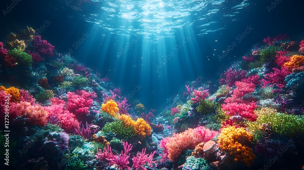 Fototapeta premium Surreal Underwater Coral Reef Ecosystem with Bioluminescent Marine Life