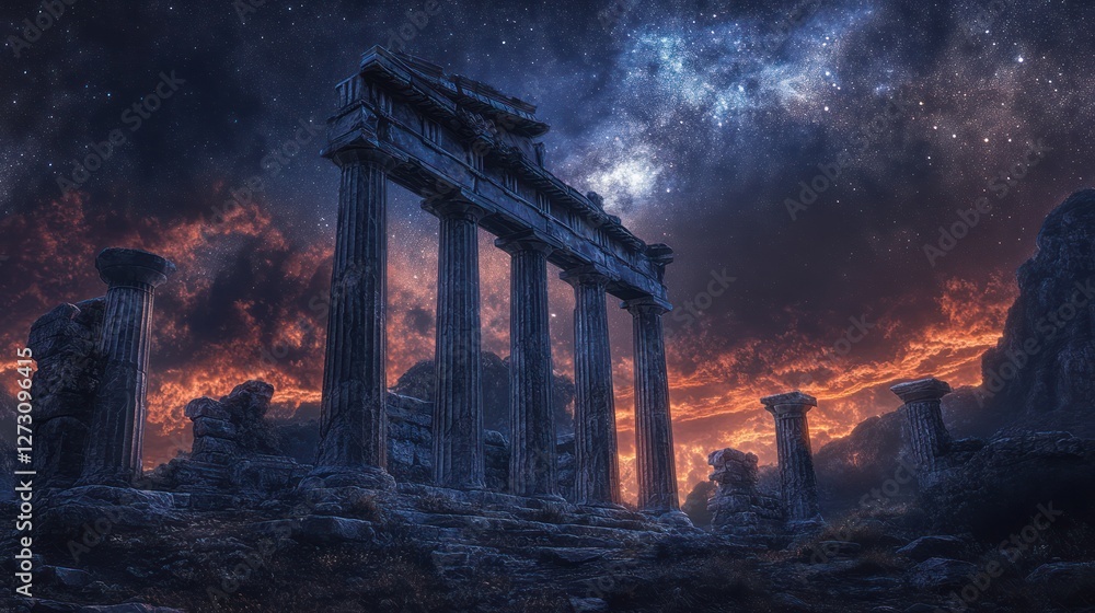 Fototapeta premium Ancient ruins under starry night sky; fantasy landscape; digital art; website banner
