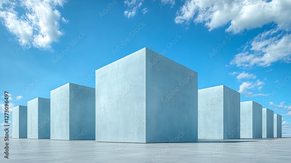 Serene light blue cubes arranged symmetrically under a bright sky. AI Generated Serene light blue cubes arranged symmetrically under a bright sky. AI Generated