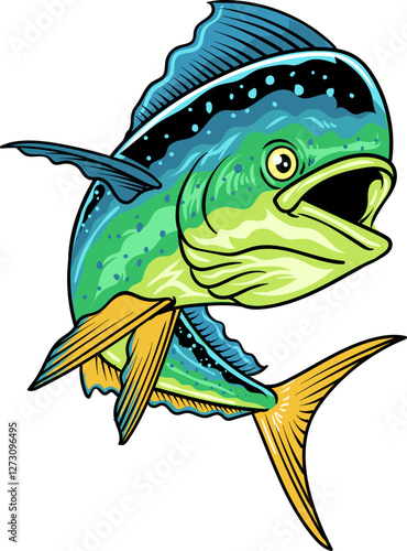 Mahi Mahi Fish Vector Cartoon Illustration for sticker badge emblem t-shirt banner invitation