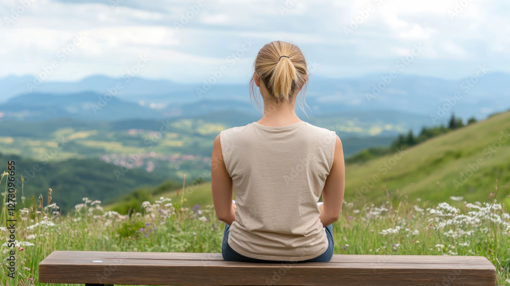 Blond woman sitting and relaxing enjoying green meadow with wildflowers in full bloom Blond woman sitting and relaxing enjoying green meadow with wildflowers in full bloom
