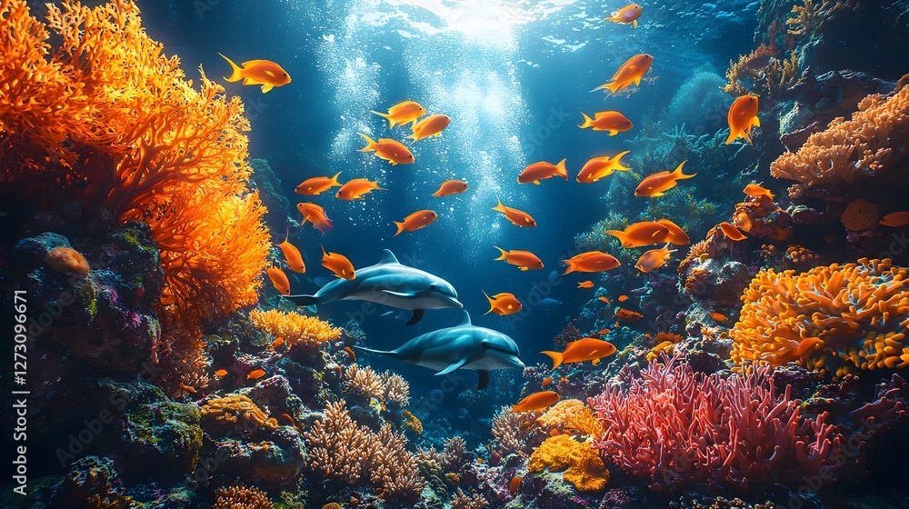 Fototapeta premium Vibrant Coral Reef Teeming with Playful Dolphins and Shimmering Schools of Fish
