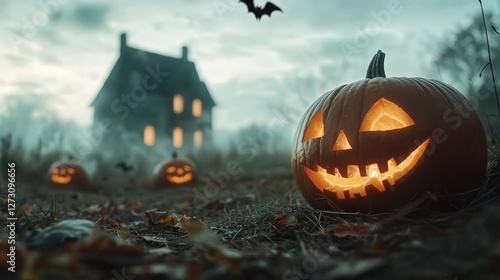 A fun and festive Halloween-themed advertisement, featuring carved pumpkins, bats, and a haunted house silhouette photo