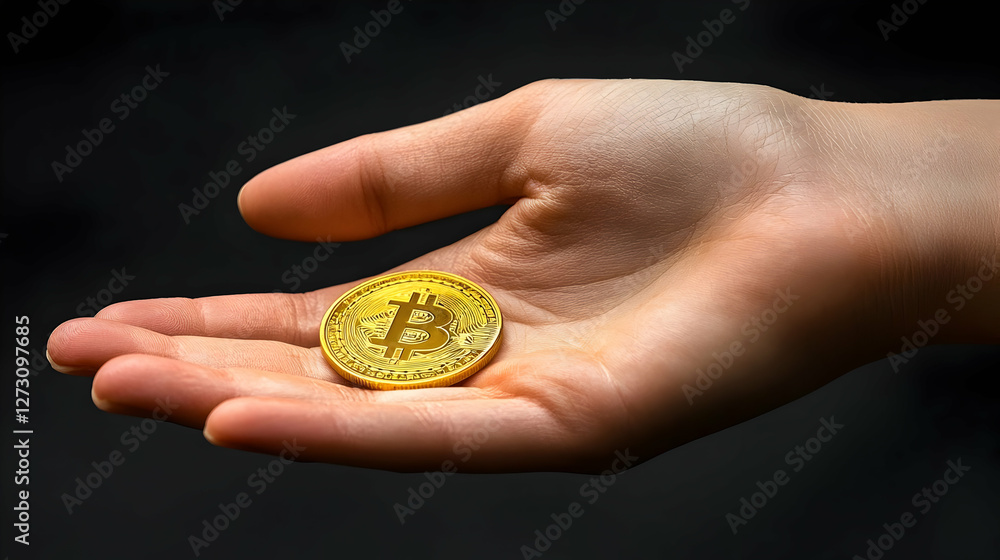 Golden Bitcoin in Hand, Digital Currency, Offering, Dark Background, Stock Photo Golden Bitcoin in Hand, Digital Currency, Offering, Dark Background, Stock Photo