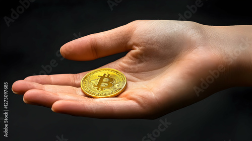 Golden Bitcoin in Hand, Digital Currency, Offering, Dark Background, Stock Photo photo