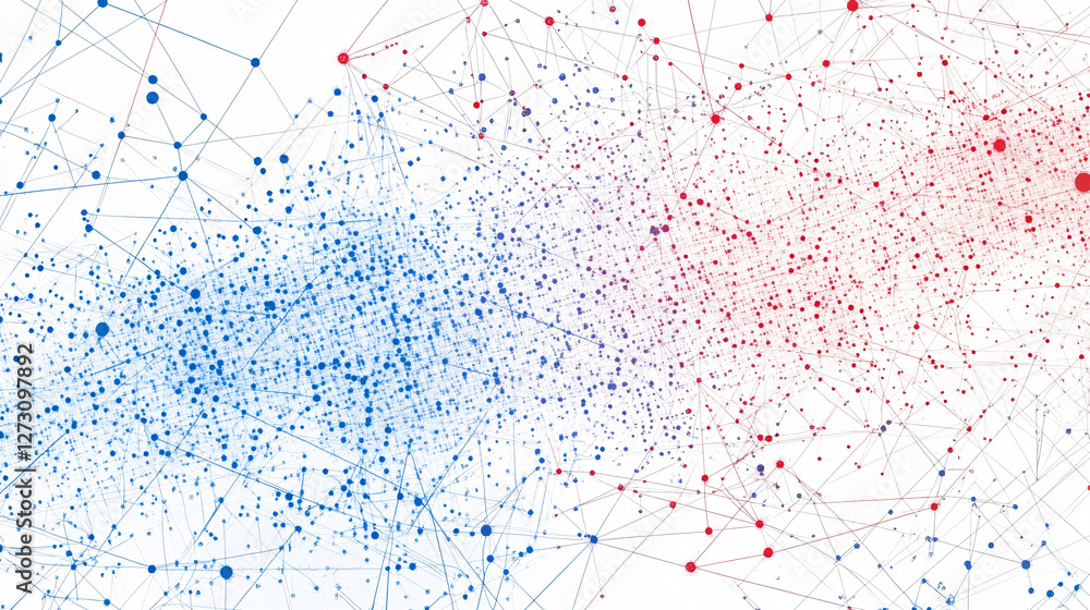 A dynamic abstract visualization of red and blue data points dispersed in a network representing digital connections and communication
A dynamic abstract visualization of red and blue data points dispersed in a network representing digital connections and communication