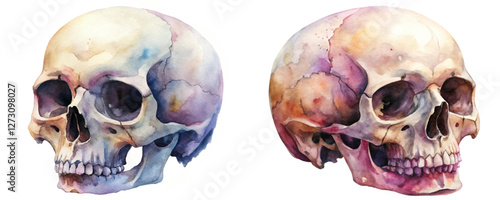 Watercolor skull illustration, artistic anatomy, colorful design, detailed rendering, medical art, educational purpose.