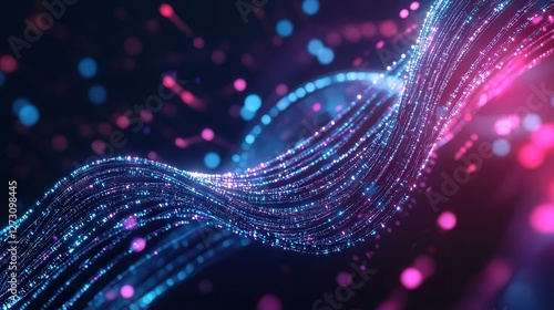 A futuristic digital DNA helix glowing in deep blue and purple, symbolizing AI-driven medical research