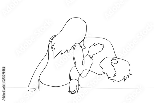 man fainted or asleep, woman wakes him up - one line art vector. concept wake up, fainting, first aid