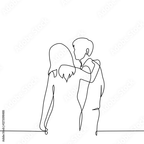 woman and man standing with their backs turned or walking away, she put her hand on man's shoulders - one line art vector. concept support, emotional help, comfort
