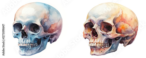 Watercolor skull illustration, artistic anatomy study, vibrant color palette, detailed bone structure, educational art piece.
