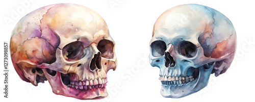 Watercolor skull illustration, artistic anatomy study, vibrant colors, detailed features, educational art piece.