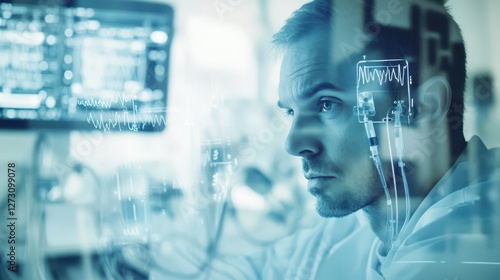 Male Scientist with Digital Data Overlay in High-Tech Lab photo