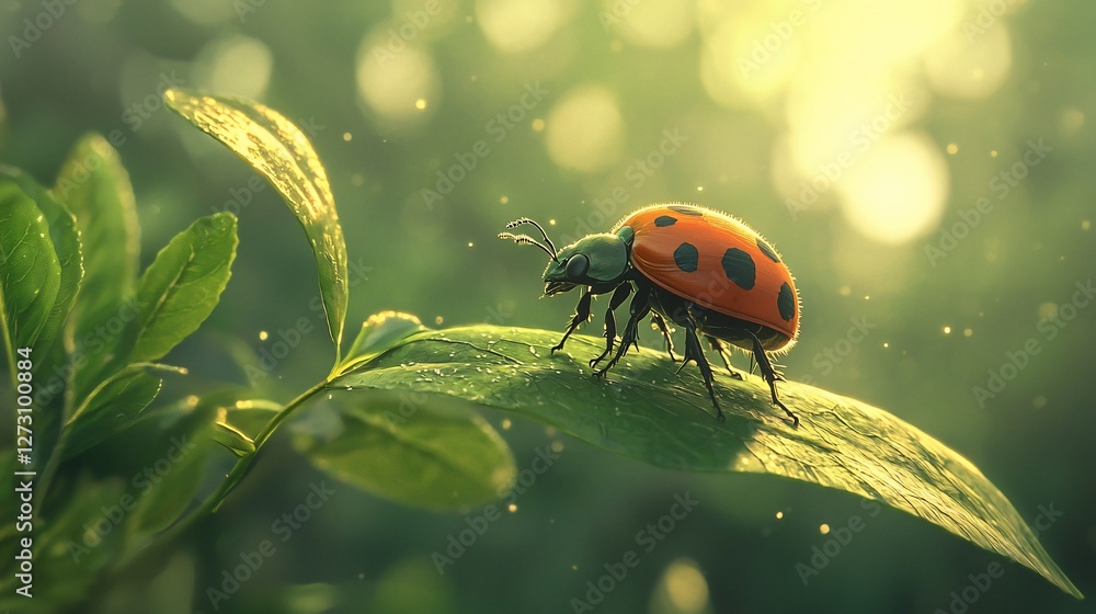 Obraz premium Ladybug on a leaf in sunlight.